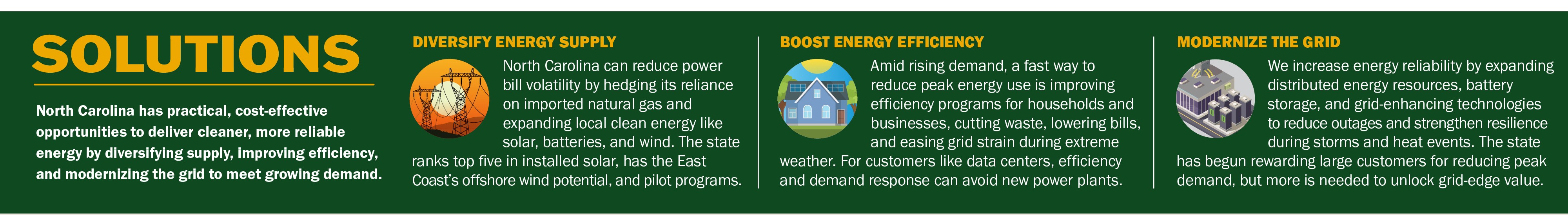 Solutions: diversify energy supply, boost energy efficiency, and modernize the grid to meet growing demand.