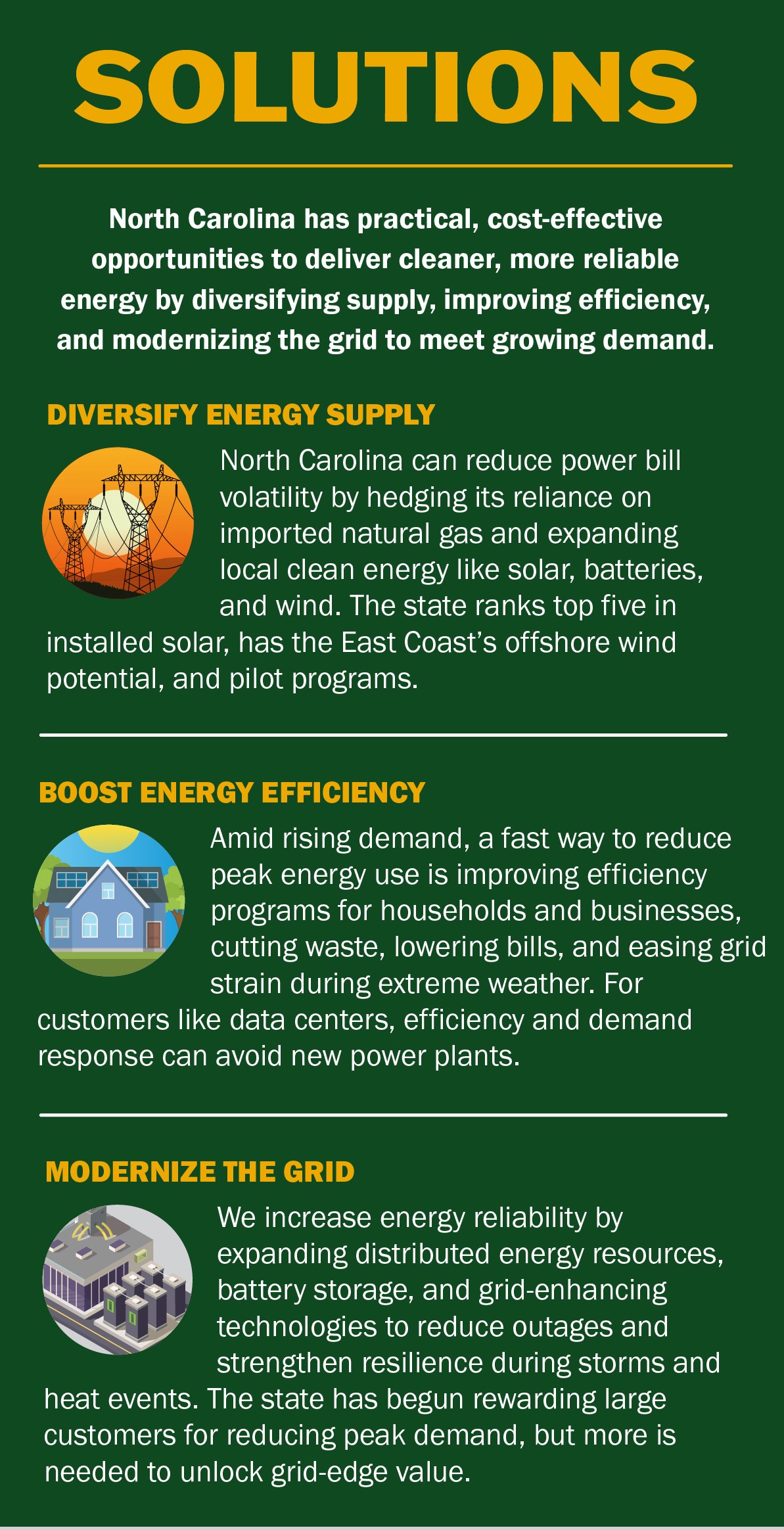 Solutions: diversify energy supply, boost energy efficiency, and modernize the grid.