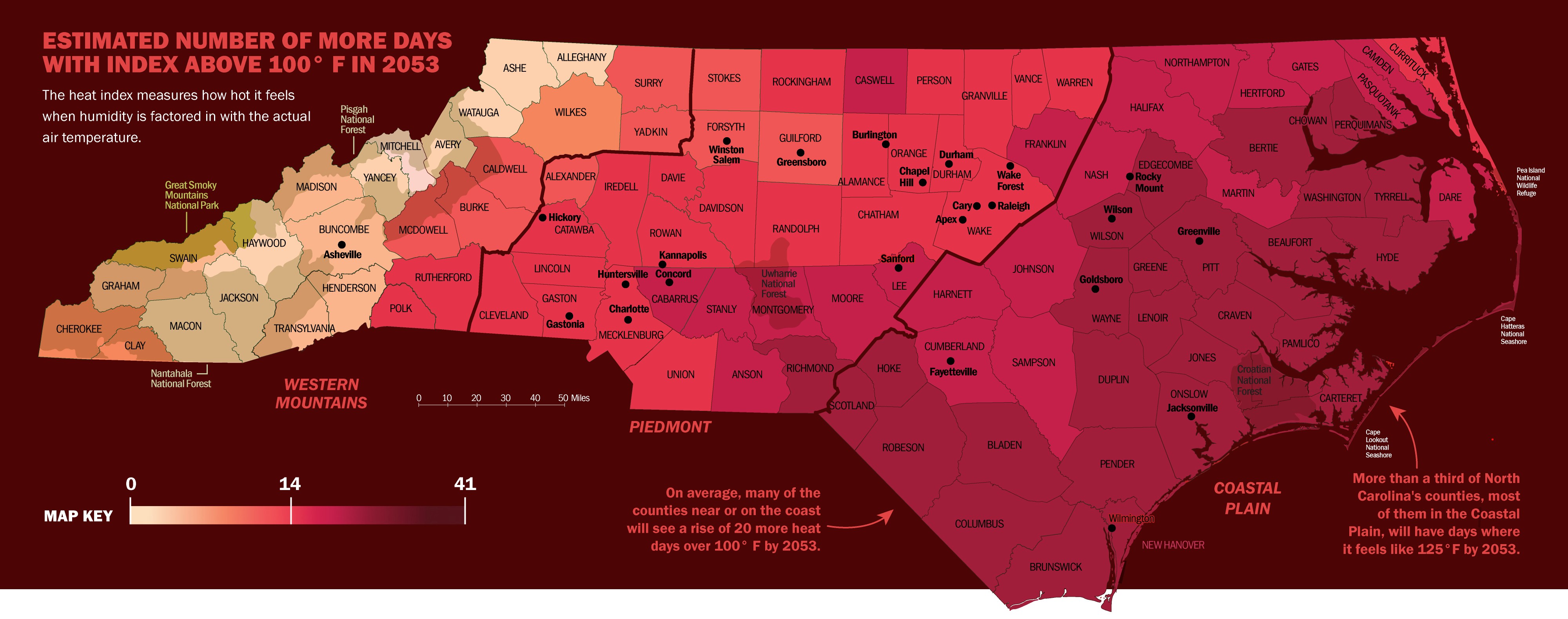 Estimated number of more days with heat index above 100 degrees Fahrenheit in 2053, shown on a map of North Carolina.