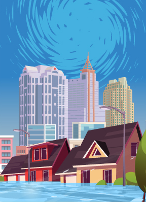 Flooded neighborhood with the Raleigh skyline